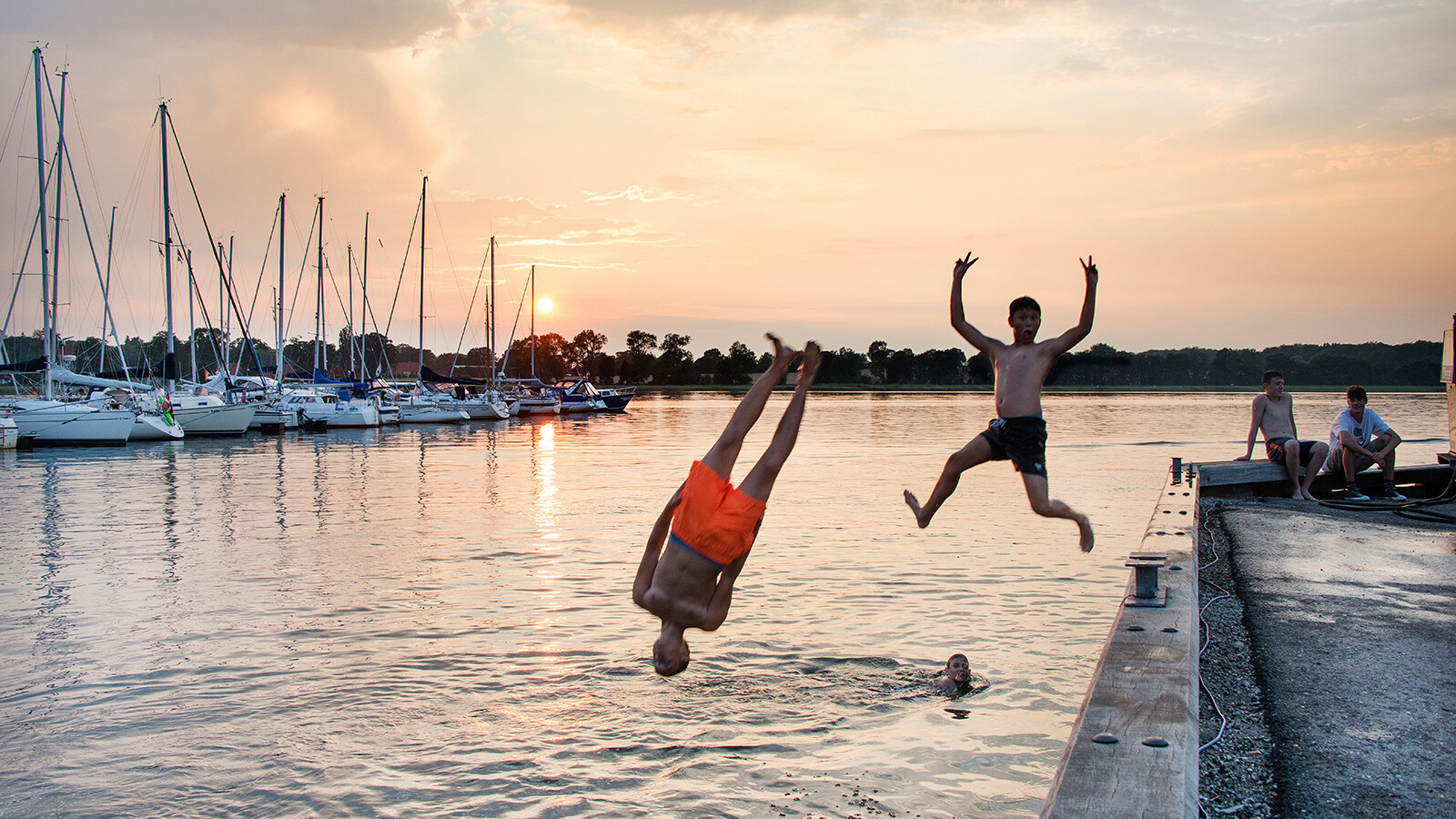 Kinder springen ins Wasser im Præstø Hafen in Dänemark