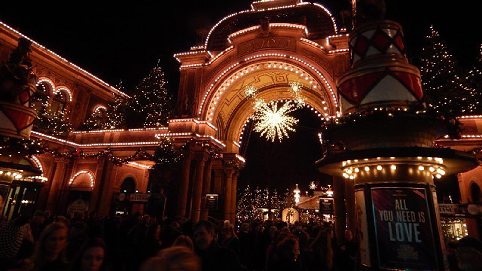 Tivoli in Copenhagen well-lit at night for christmas time 