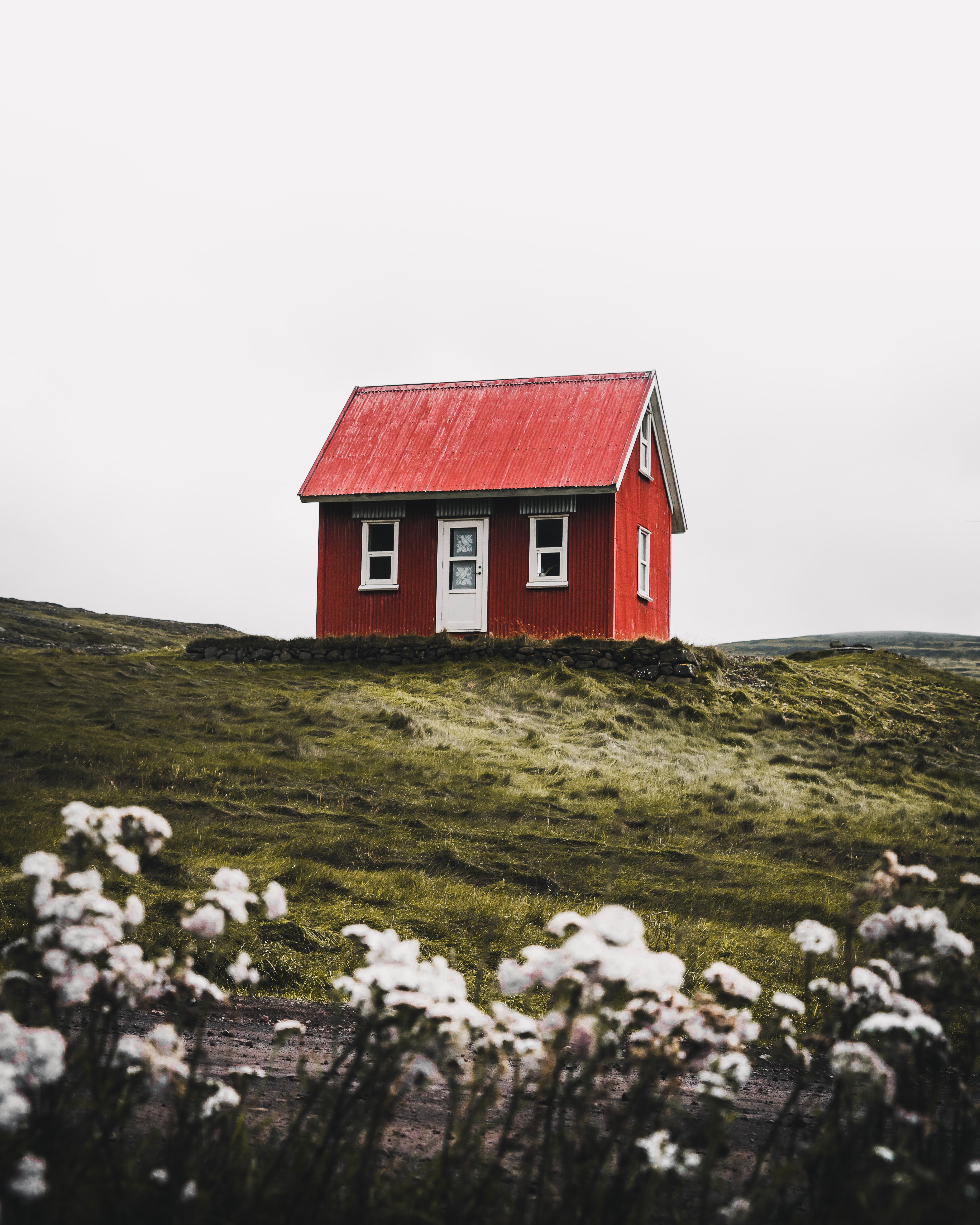 Typisch skandinavisches rotes Holzhaus auf dem grünen Feld